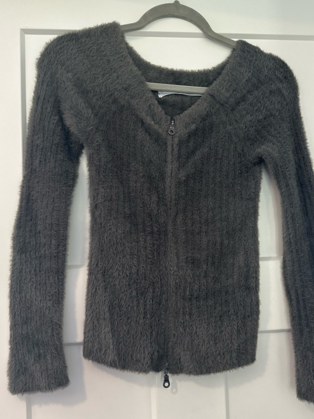 silence + noise Fuzzy Zip-Front Cardigan - Dark Gray